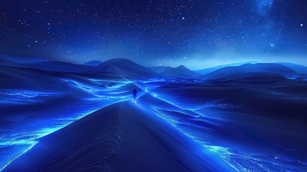 A foto mostra um belo deserto azul com um céu noturno estrelado