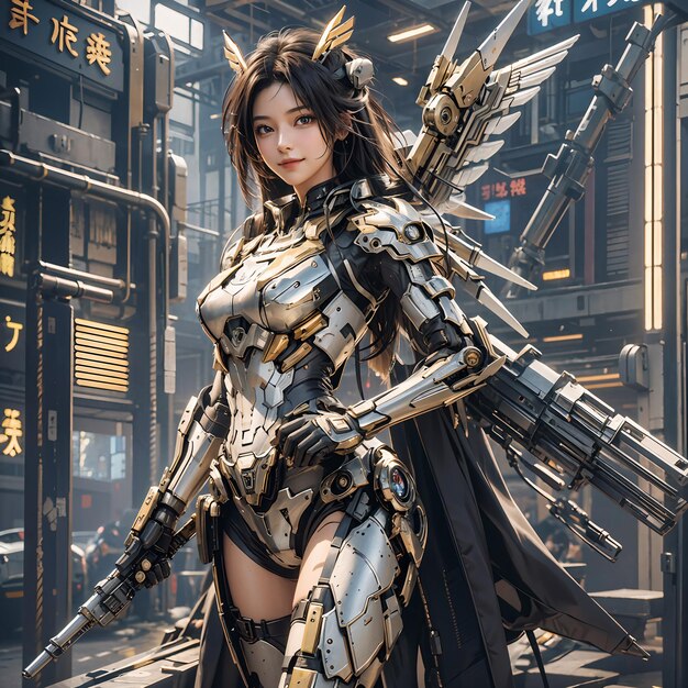 A foto mostra uma garota semi-robótica vestindo uma armadura de metal e segurando uma arma.
