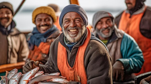 A fotografia mostra um grupo de pescadores alegres e sorridentes dentro de um barco de pesca com uma caixa de peixe GENERATE AI