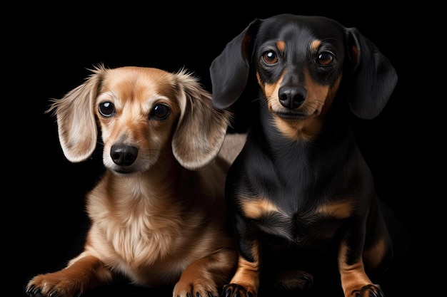 A fotografia mostra um pequeno Dachshund e um lindo cão mestiço em um relacionamento amoroso