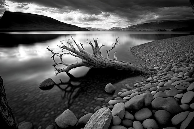 A fotografia preto e branco mostra seixos e uma árvore caída no lago