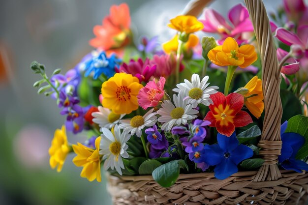 A fragrância da primavera capturou um cesto artisticamente arranjado de flores sazonais para a Páscoa