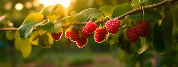 A framboesa cresce em uma árvore no jardim da colheita Generative Ai