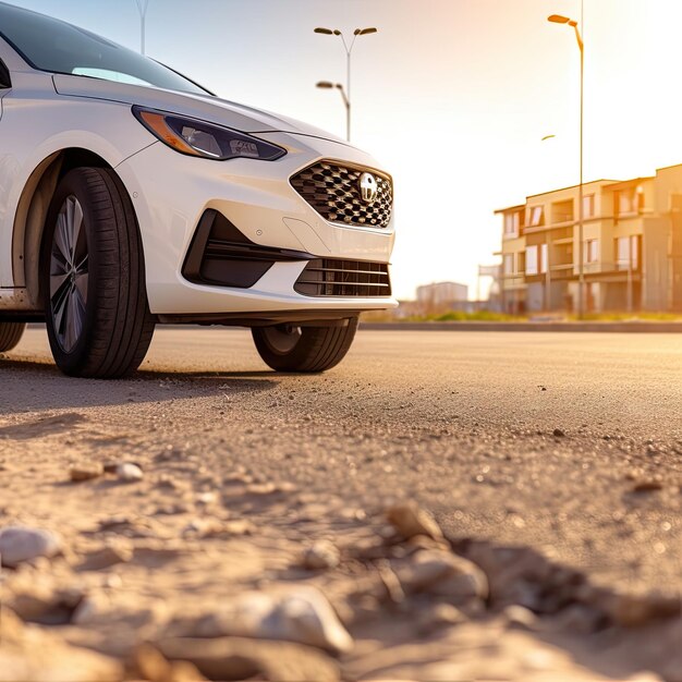 a frente de um hyundai sonata sedan branco 2020 estacionado em uma rua da cidade ao pôr do sol com prédios ao fundo