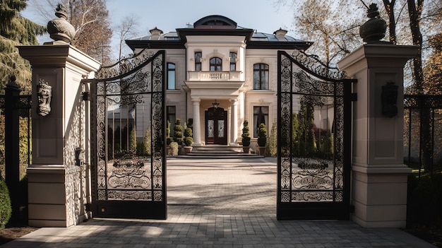 A frente de uma grande casa com um grande portão que diz 'villa'