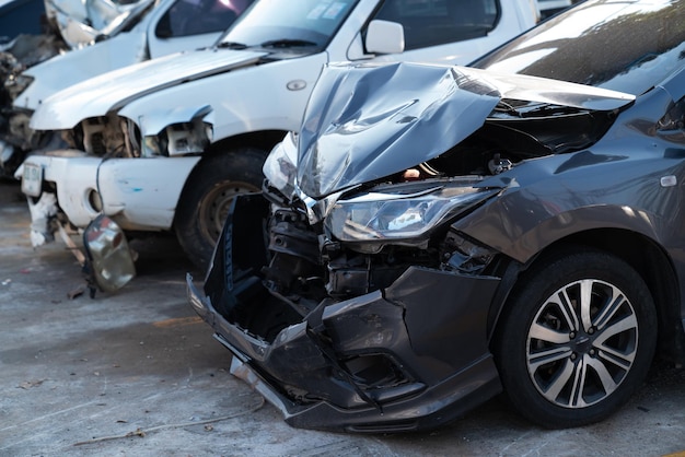 A frente do carro foi danificada por acidente na estrada. Isolado no fundo branco.