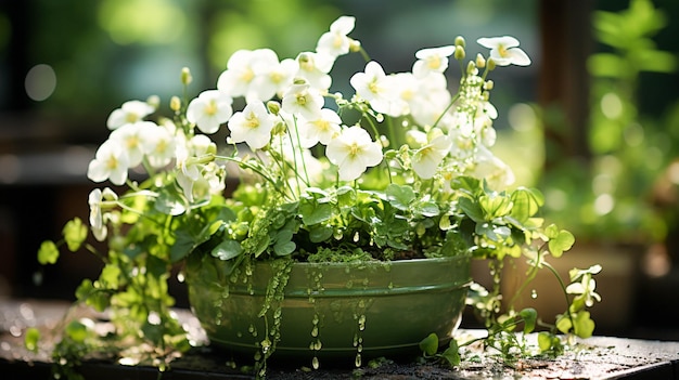 A frescura do verde do verão deixa o vaso de flores florescendo beleza