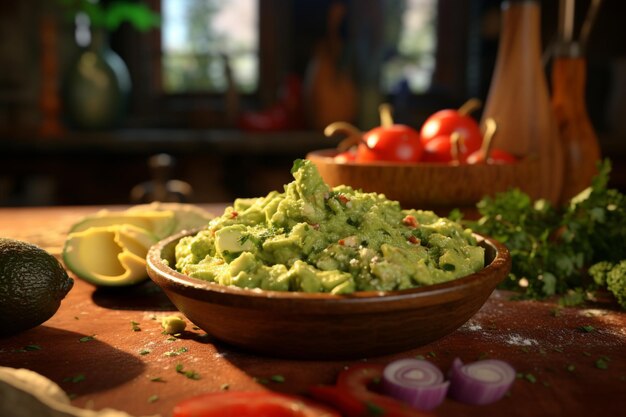 Foto a frescura e o sabor do guacamole caseiro, um aperitivo saboroso, são retratados