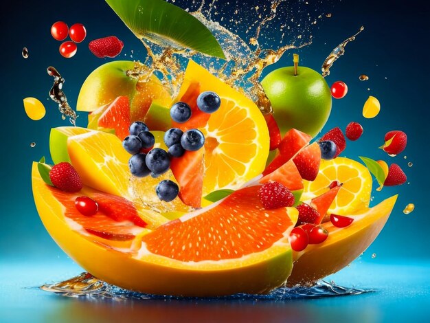 A fruta no suco espirra várias frutas
