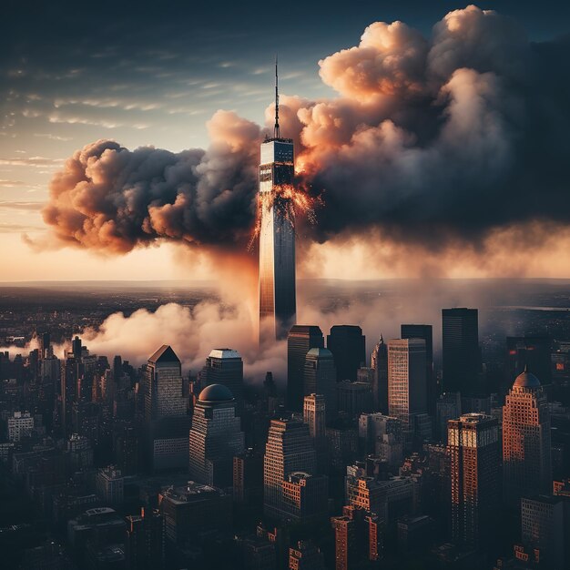 A fumaça sai da torre gêmea após a colisão do voo com o Generative Ai das Torres Gêmeas