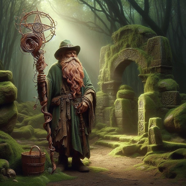A fundição de bronze do ancião da floresta captura a antiga sabedoria de um duende em um ambiente místico.
