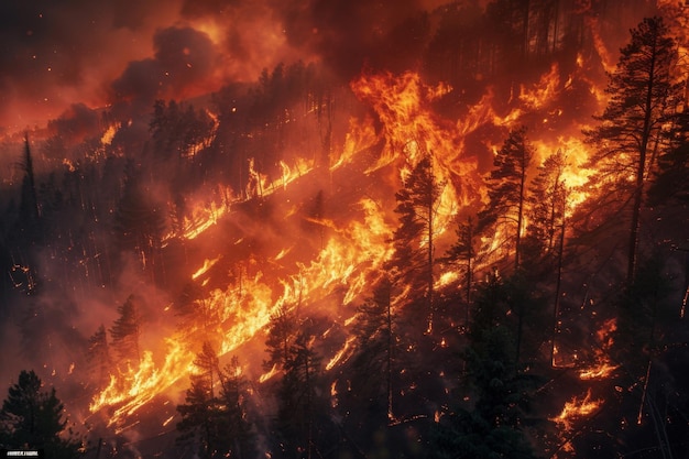 A fúria da natureza O fogo selvagem arde através das florestas As chamas alcançam o céu Um lembrete sóbrio