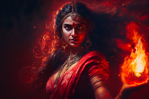 A fúria majestosa de uma rainha Mahabharat Draupadi em saree vermelho