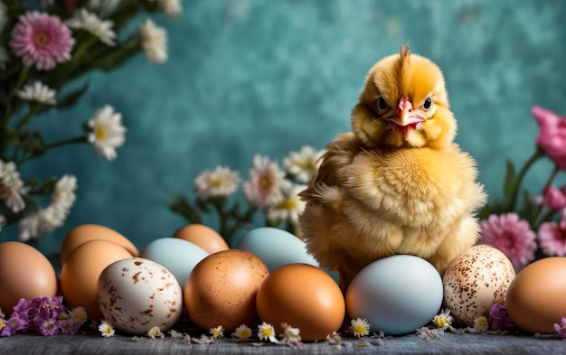 A galinha amarela está cercada por uma dúzia de ovos castanhos e azuis em um ninho florido.