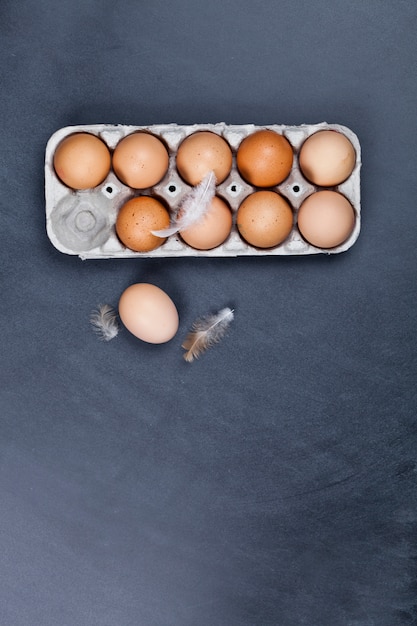 A galinha da exploração agrícola eggs no recipiente e nas penas do cartão.