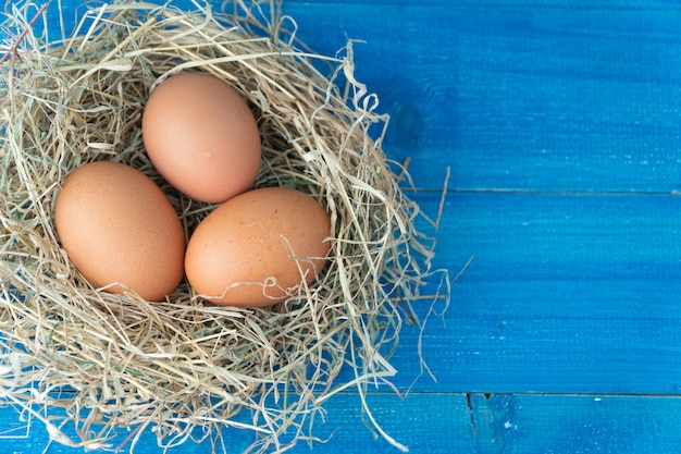 A galinha marrom fresca eggs no ninho do feno no fundo de madeira azul.