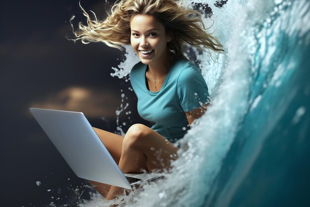 Foto a garota com o laptop sorri e surfa nas ondas