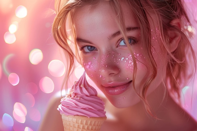 A garota com um olhar sedutor segura um sorvete em sua mão expressando o desejo de se entregar a ele anúncio de sorvete