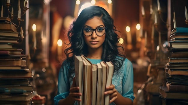 A garota da foto com óculos segura um conjunto de cadernos