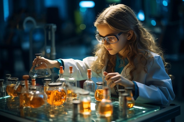 A garota de casaco de laboratório e óculos de segurança conduzindo uma experiência de IA