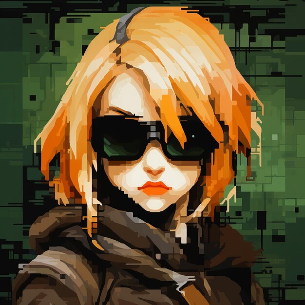 Foto a garota de óculos de sol é retratada em um estilo de arte de pixel com uma técnica de faca de paleta áspera, exibindo cores laranja escura e verde escuro. esta obra de arte digital inspirada em anime incorpora gadgetpunk