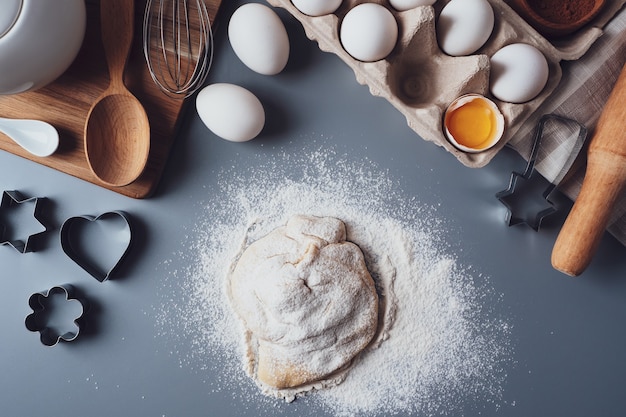 A garota desenrola a massa com um rolo de madeira para fazer biscoitos ou biscoitos. Composição plana com utensílios e ingredientes de cozinha, copie o espaço. Conceito de panificação para o feriado.