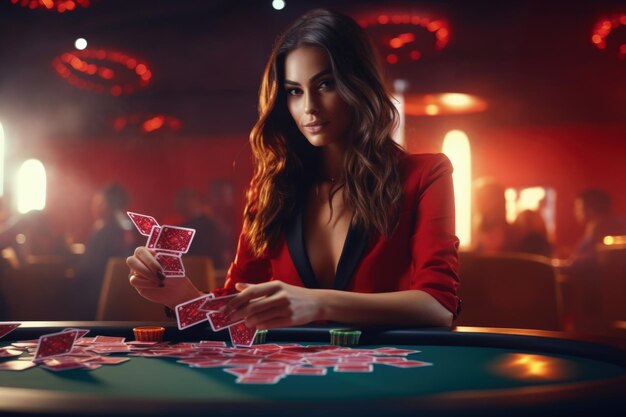 Foto a garota do cassino mistura cartas de pôquer conceito de jogo
