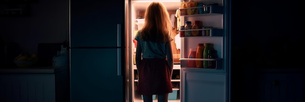 A garota fica na frente da porta aberta da geladeira Generative AI