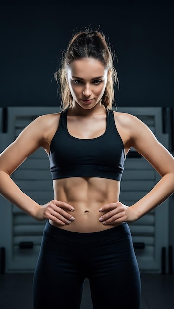 A garota mostra sua barriga bombeada, pressiona o corpo atlético depois de dieta e exercício pesado, cintura magra.
