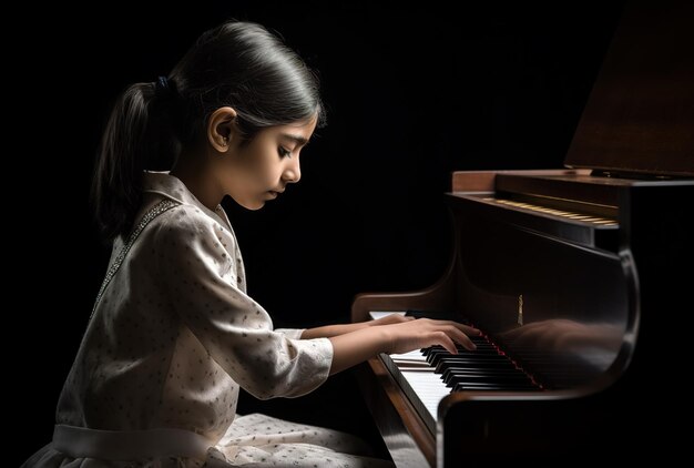 A garota toca piano em um estúdio de música Conceito de escola de música