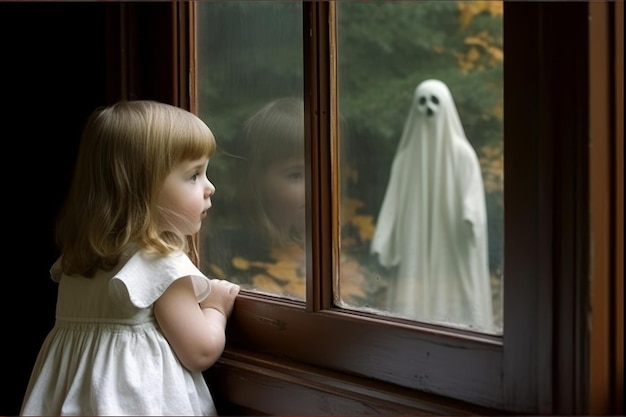 A garotinha está olhando pela janela O fantasma está ao ar livre Bela ilustração