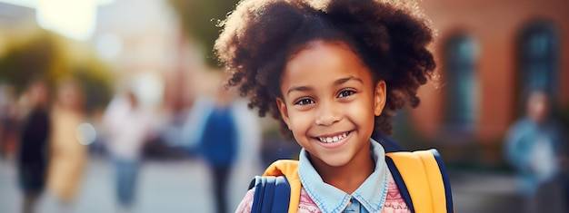 A garotinha fica do lado de fora da escola com uma mochila nas costas De volta à escola Criada com tecnologia Generative AI