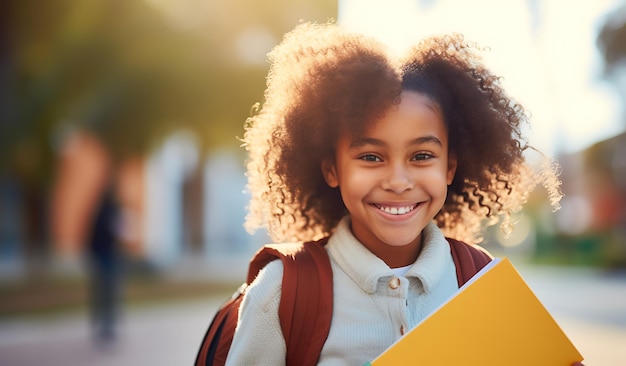 A garotinha fica do lado de fora da escola com uma mochila nas costas segurando livros De volta à escola Criado com tecnologia Generative AI