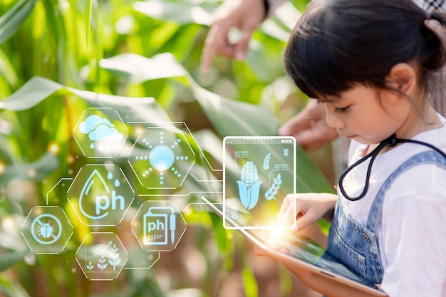 A garotinha usa um tablet para analisar o crescimento de plantas na parcela agrícola e ícone visual o conceito de tecnologia agrícola conceito de aprendizagem de agricultura inteligente