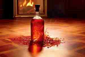 Foto a garrafa ardente emite fumaça vermelha no chão