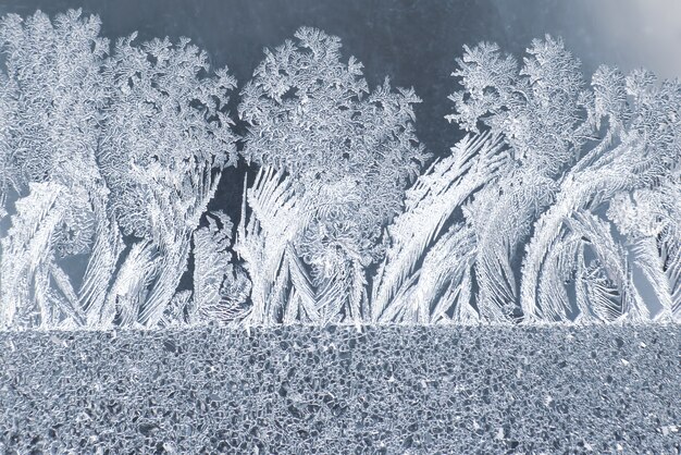 A geada incomum em uma janela de inverno. originalidade de inverno