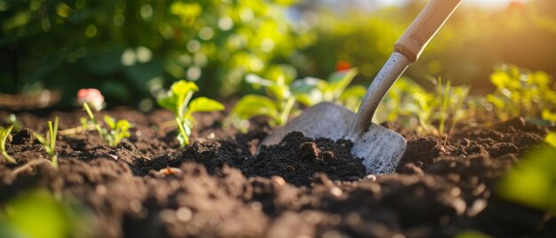 A generosidade da natureza Uma pá descansando no solo fértil Pronta para cultivar a vida na hora de ouro da jardinagem