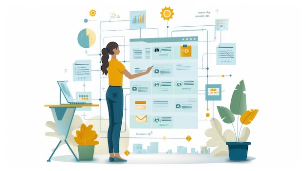 A gestão de processos de negócio e fluxos de trabalho com uma pessoa que valida documentos num fluxo de trabalho Gestão de operações de transformação digital que envolve processos de negócios e flujos de trabalho qualidade