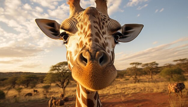 a girafa dobra o pescoço graciosamente para uma selfie