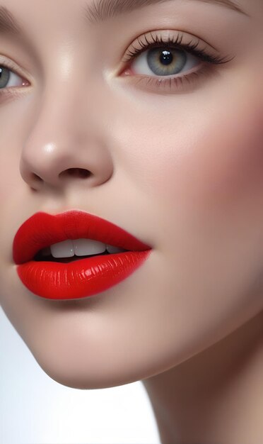 Foto a girls face lips painted with bright red lipstick