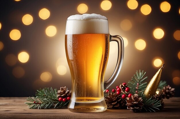 Foto a glass of light beer on a christmas background