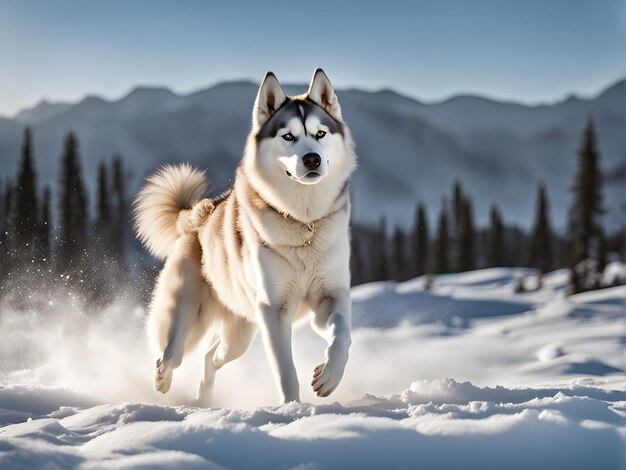 A graça indomável de um Husky siberiano contra um pano de fundo de neve sua pelagem fofa dançando no br invernal