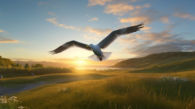 A graciosa gaivota galopa livremente na vasta paisagem