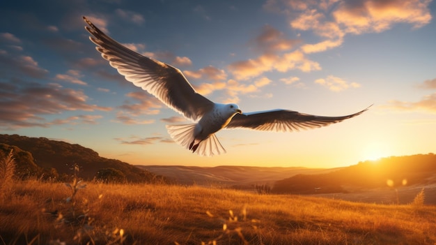 A graciosa gaivota galopa livremente na vasta paisagem