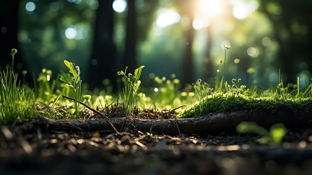 A grama verde contém as raízes das árvores ecologia ambiente IA generativa