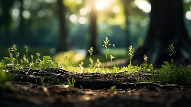 A grama verde contém as raízes das árvores ecologia ambiente IA generativa