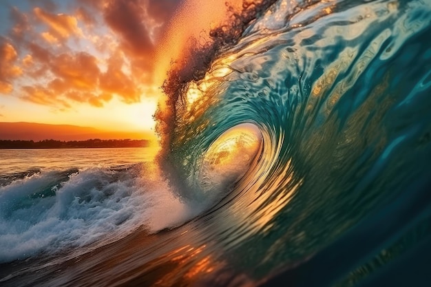 A grande onda do mar atingindo a costa ao pôr do sol Generative AI