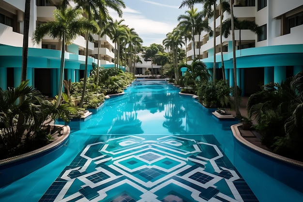 A grande piscina do hotel é cercada por cadeiras e guarda-chuvas.