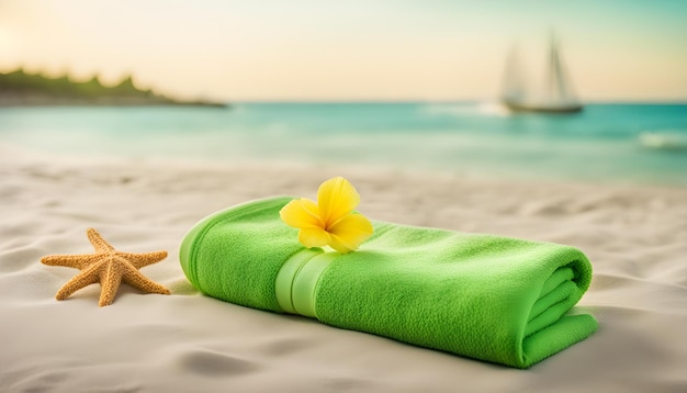 Foto a green towel with a yellow flower on it sits on a beach