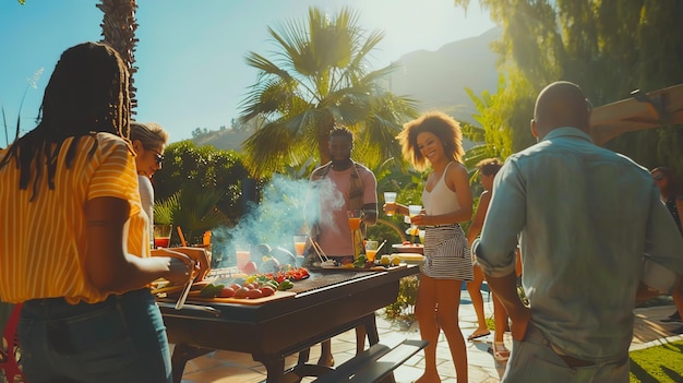 Foto a group of diverse friends are having a barbecue in a backyard they are grilling food drinking and talking